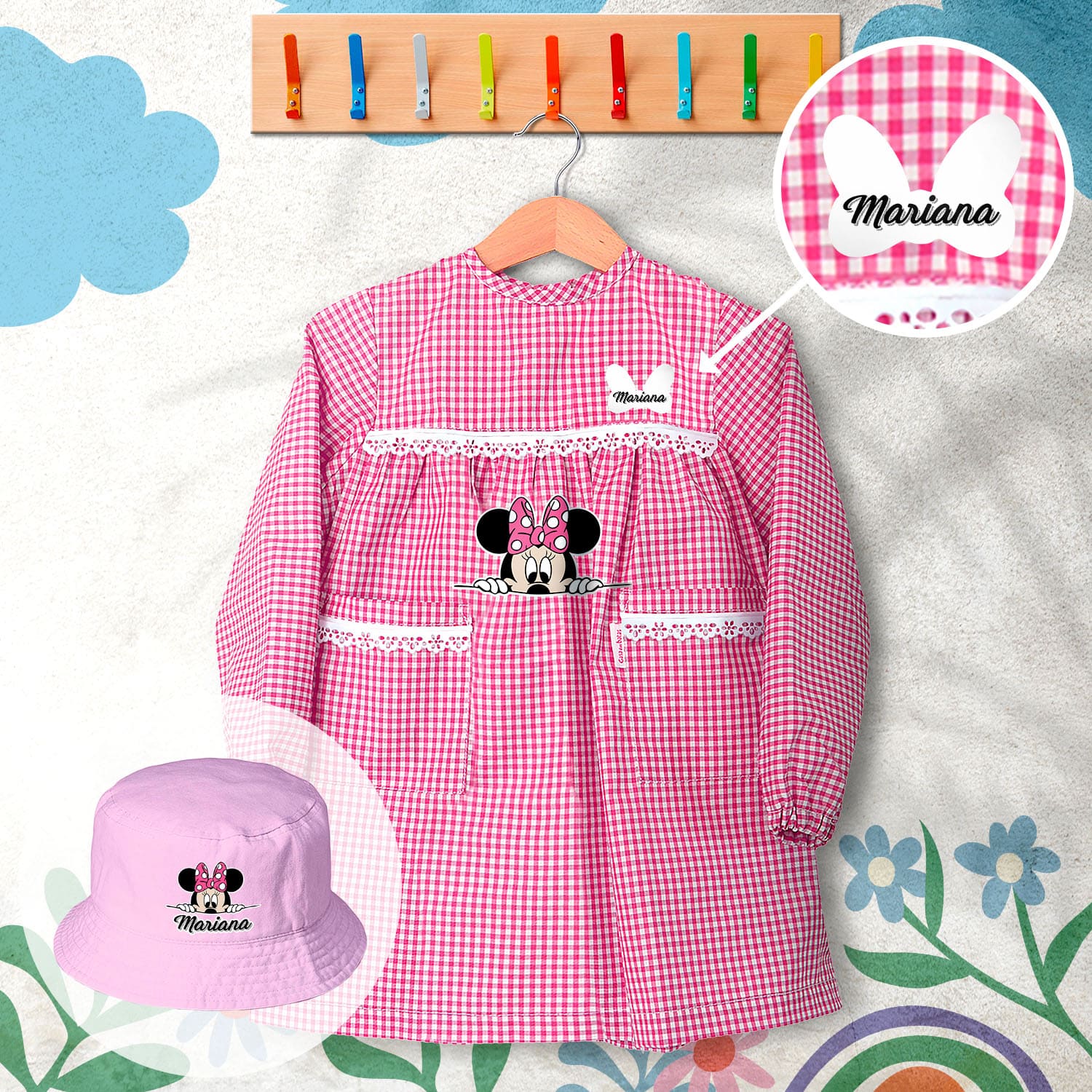 conjunto de bata escolar e panamá personalizado com nome tema minnie
