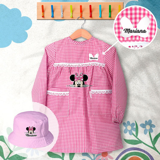 conjunto de bata escolar e panamá personalizado com nome tema minnie