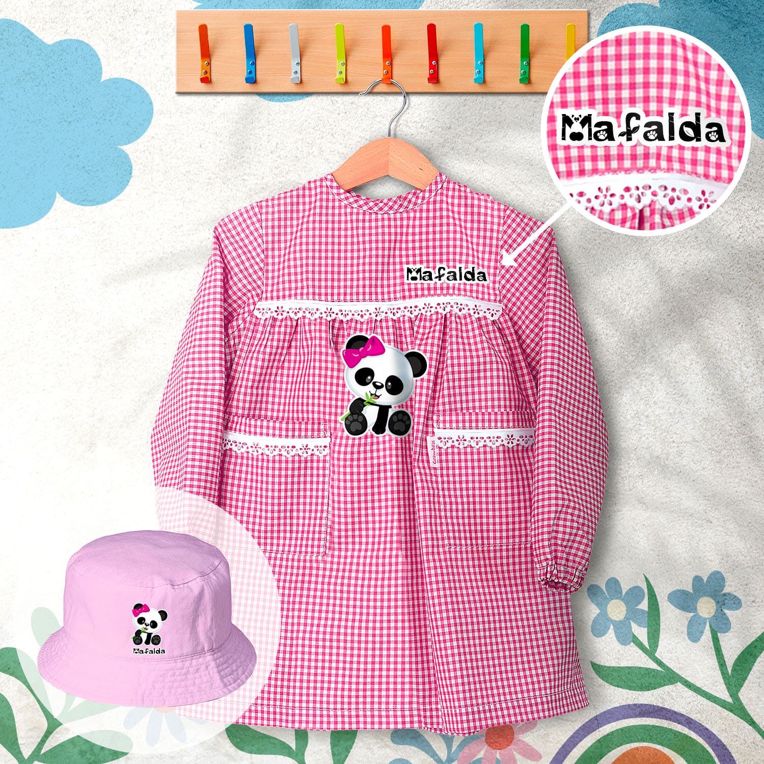 conjunto de bata escolar e panamá personalizado com nome tema panda
