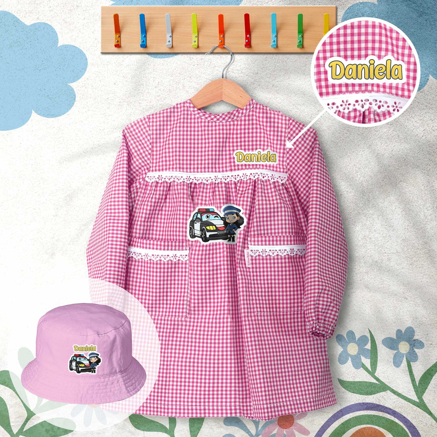 conjunto de bata escolar e panamá personalizado com nome tema polícia