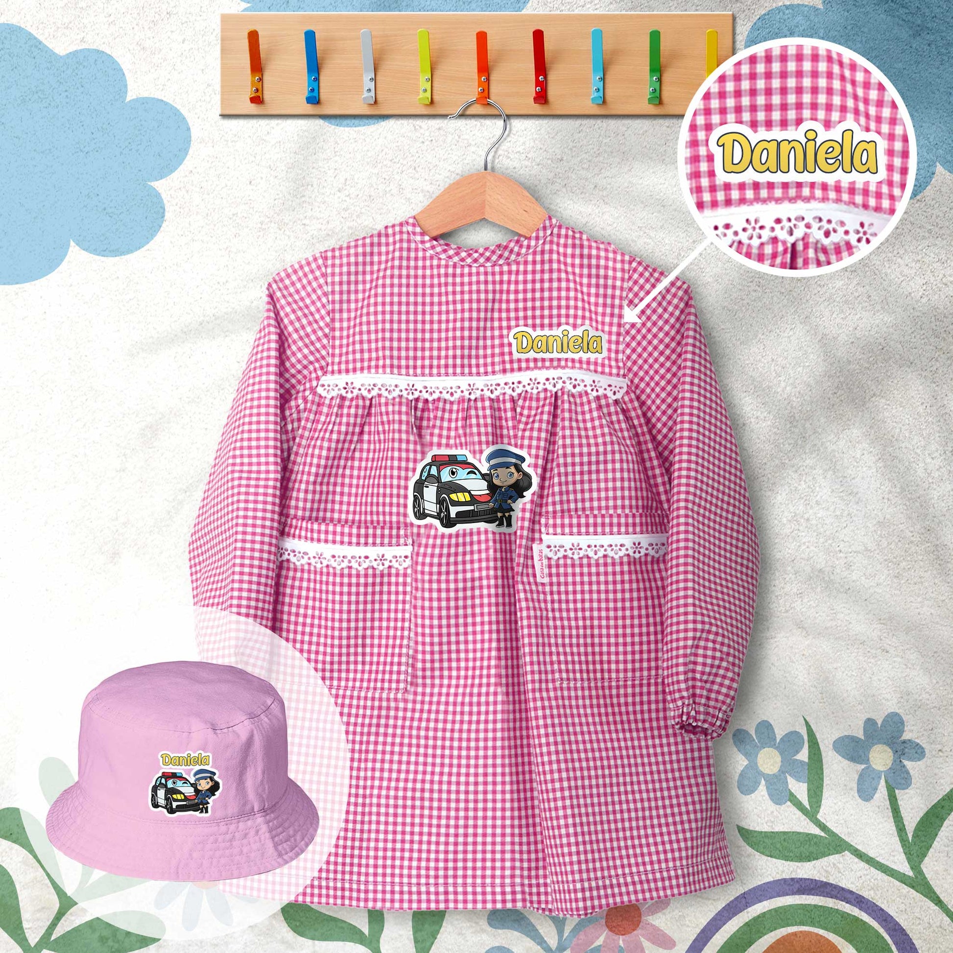 conjunto de bata escolar e panamá personalizado com nome tema polícia