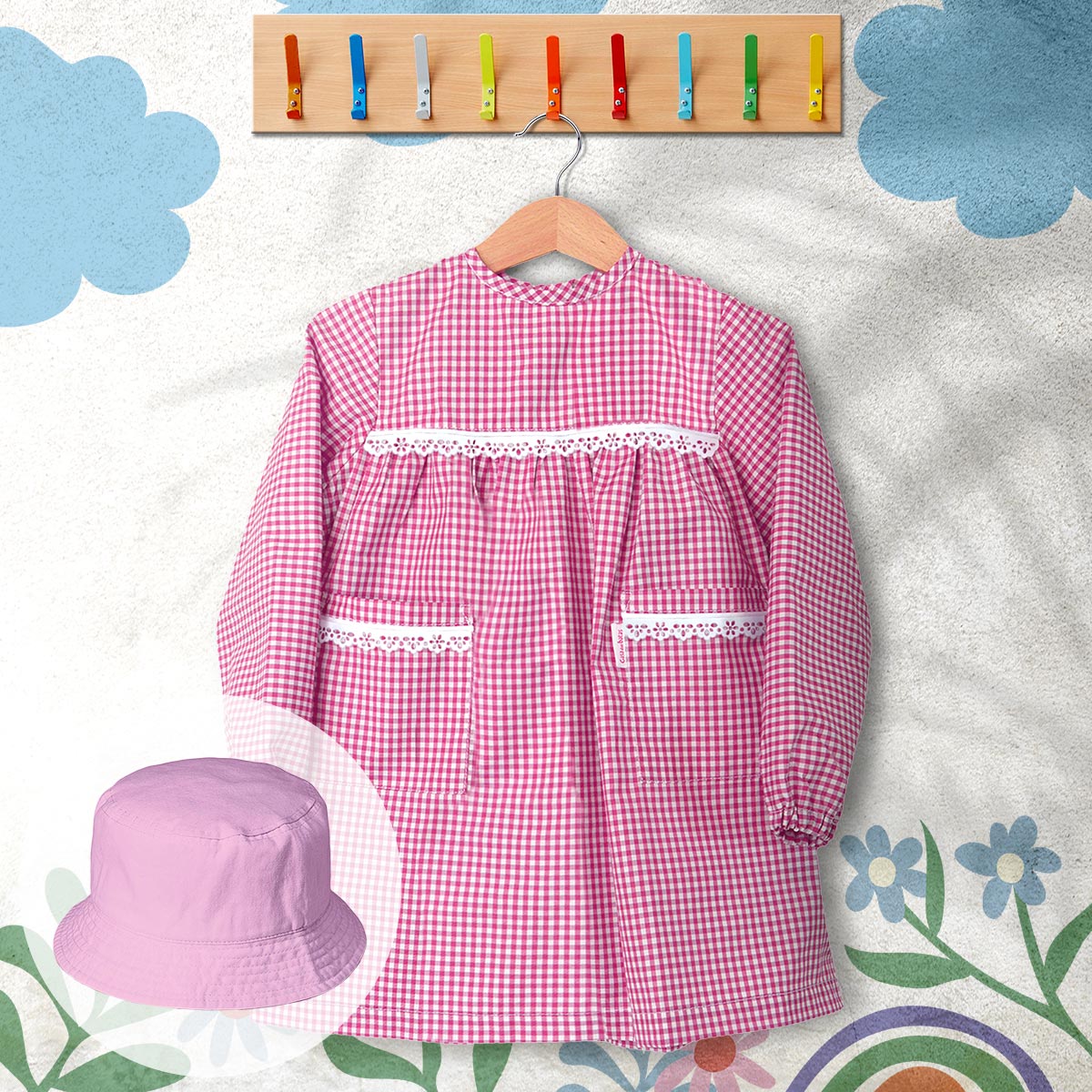 conjunto de bata escolar e panamá cor rosa
