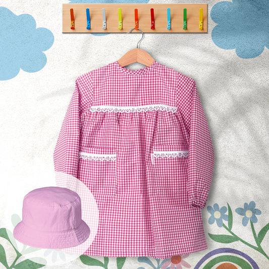 conjunto de bata escolar e panamá cor rosa