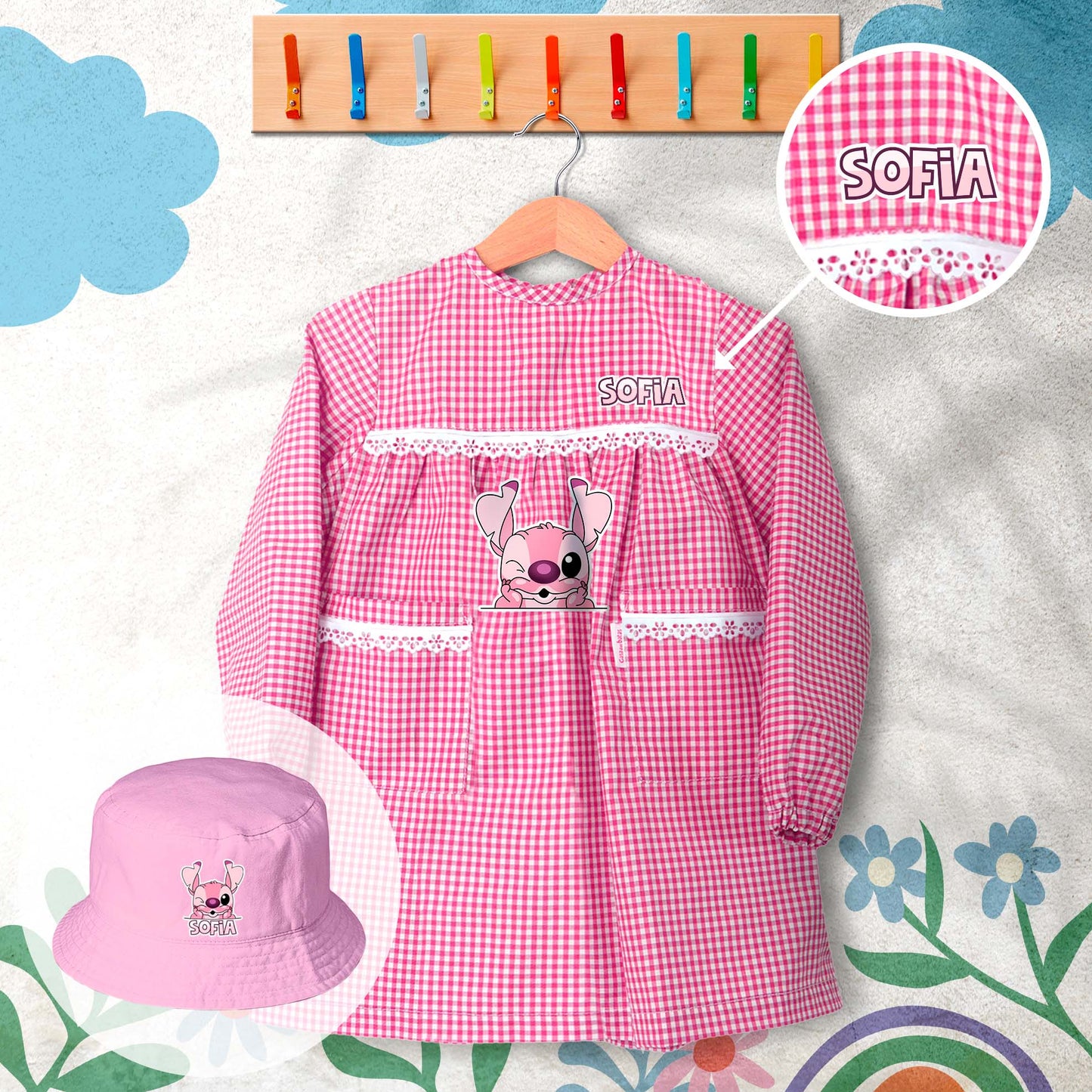 conjunto de bata escolar e panamá personalizado com nome tema angel