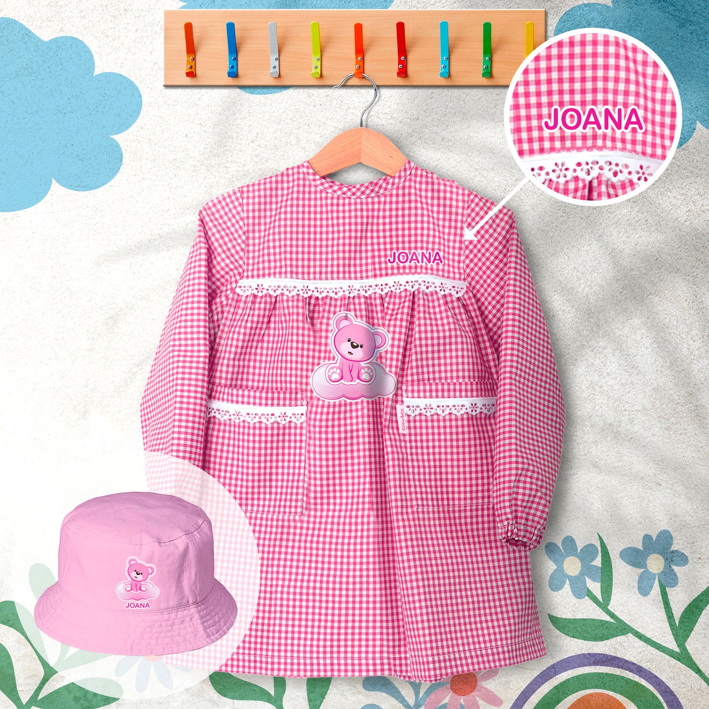 conjunto de bata escolar e panamá personalizado com nome tema ursinho