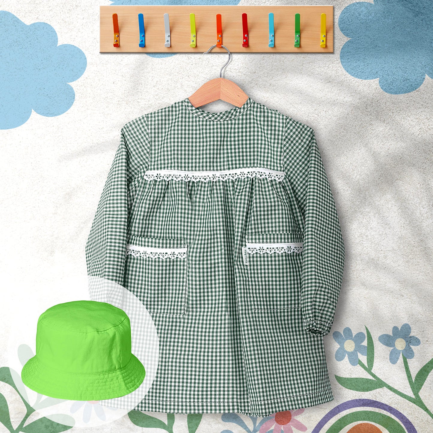 conjunto de bata escolar e panamá cor verde