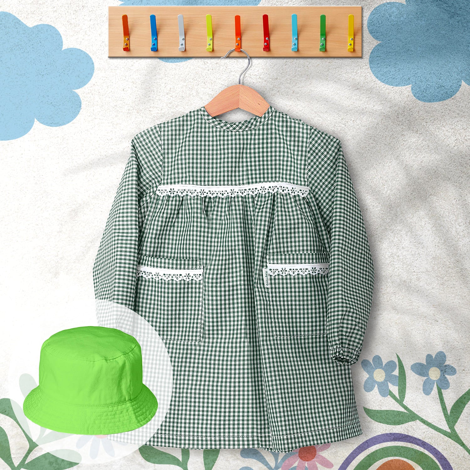 conjunto de bata escolar e panamá cor verde