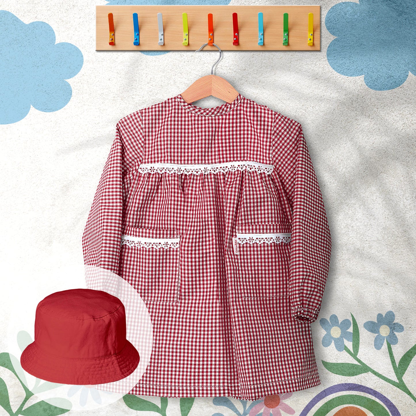 conjunto de bata escolar e panamá cor vermelho