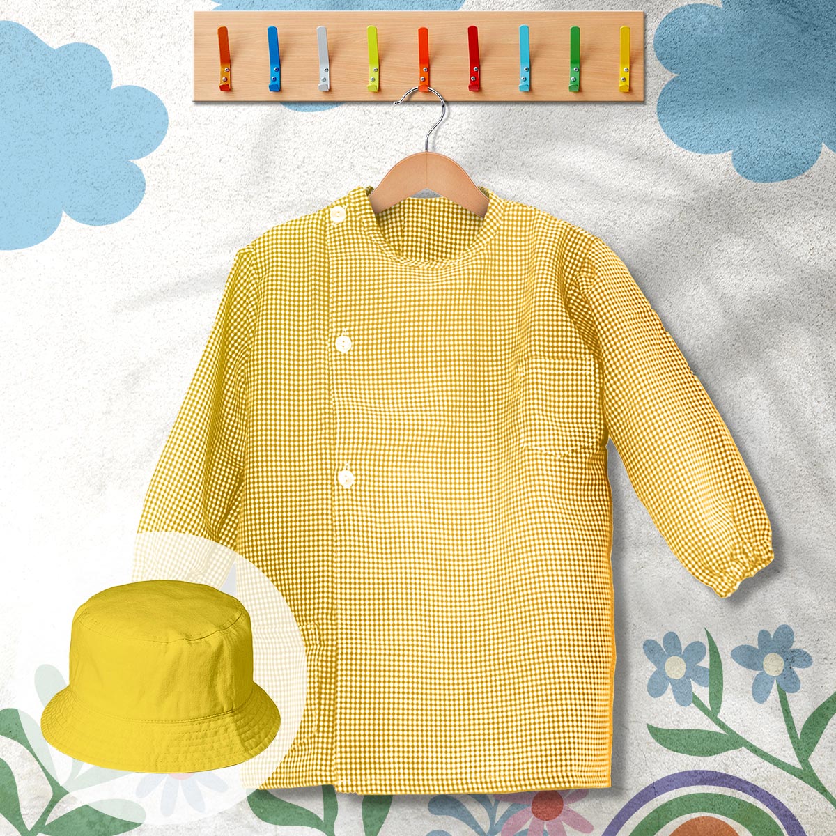 conjunto de bata escolar e panamá cor amarelo