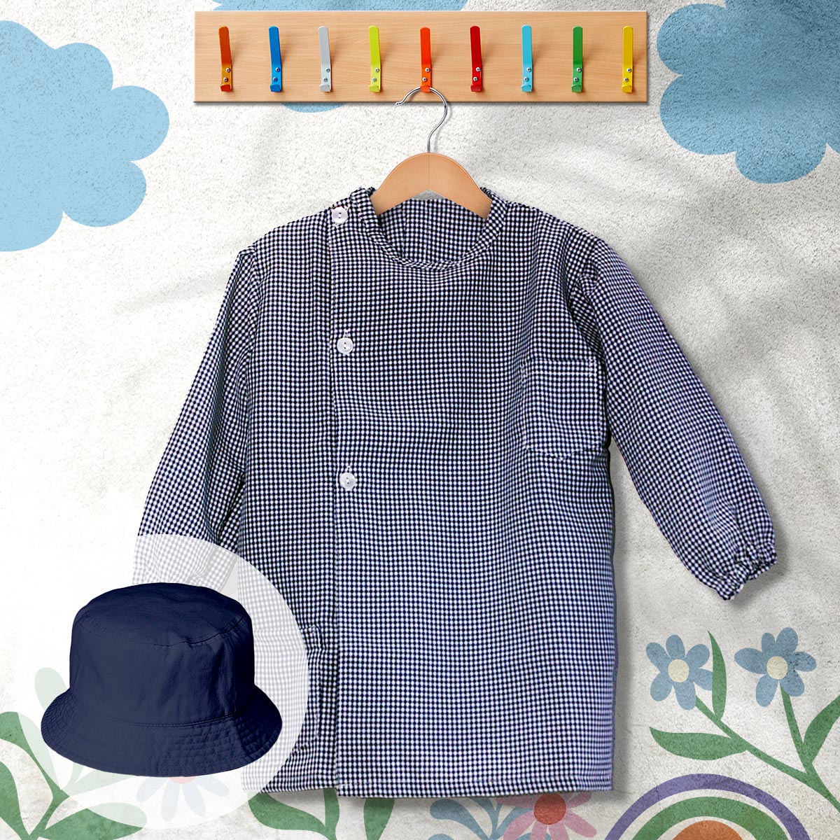 conjunto de bata escolar e panamá cor azul