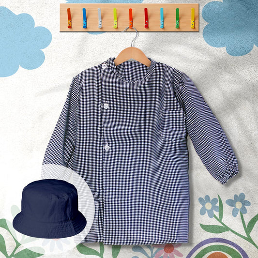 conjunto de bata escolar e panamá cor azul
