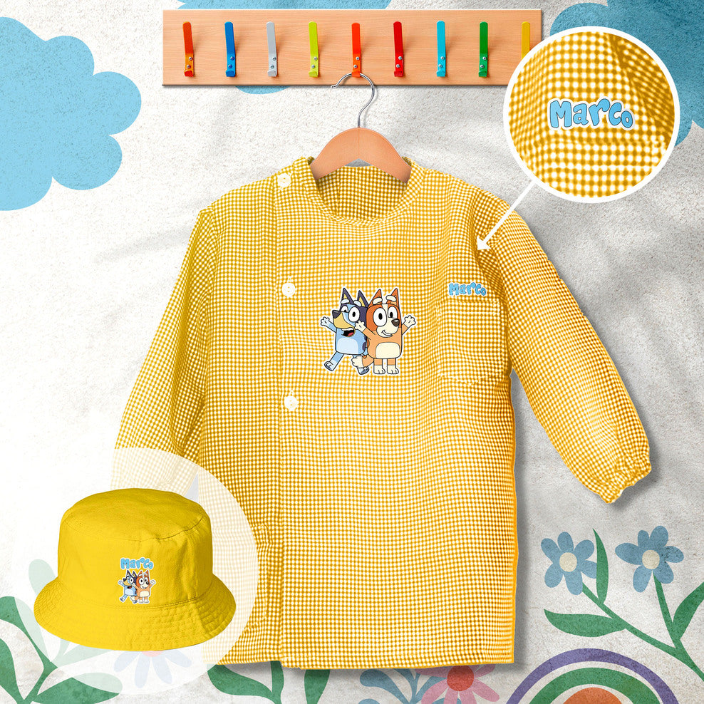 conjunto de bata escolar e panamá personalizado com nome tema bluey