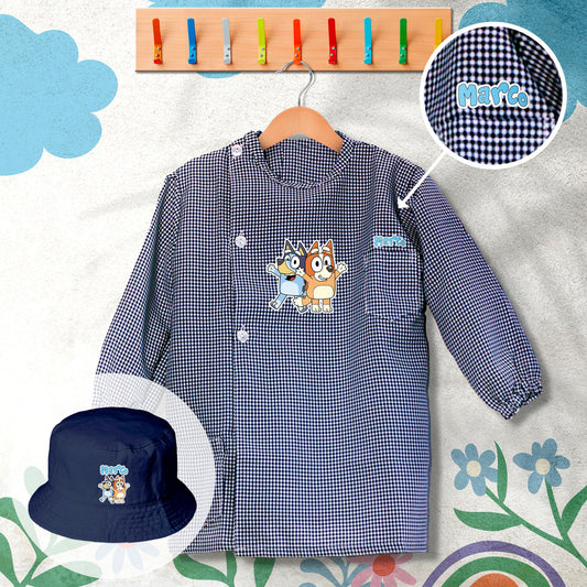 conjunto de bata escolar e panamá personalizado com nome tema bluey