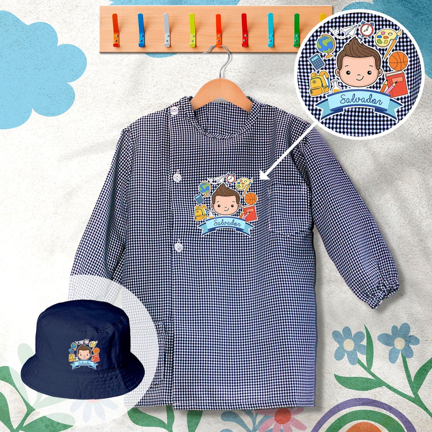 conjunto de bata escolar e panamá personalizado com nome