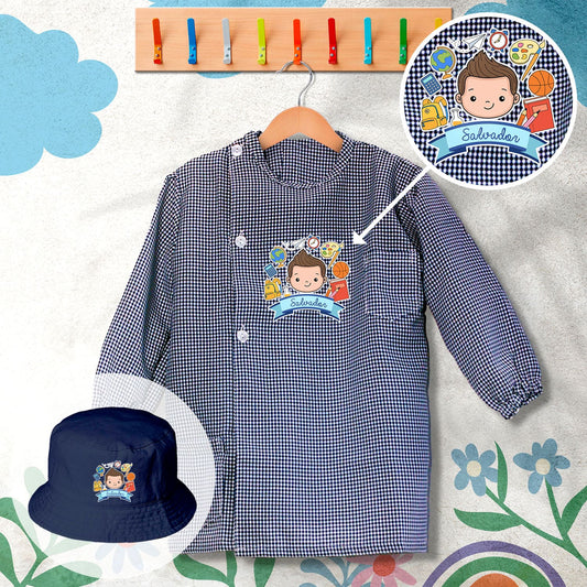 conjunto de bata escolar e panamá personalizado com nome