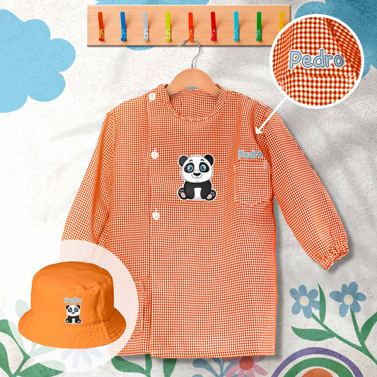 conjunto de bata escolar e panamá personalizado com nome tema panda