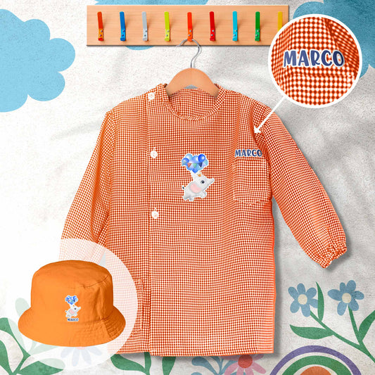 conjunto de bata escolar e panamá personalizado com nome tema elefante