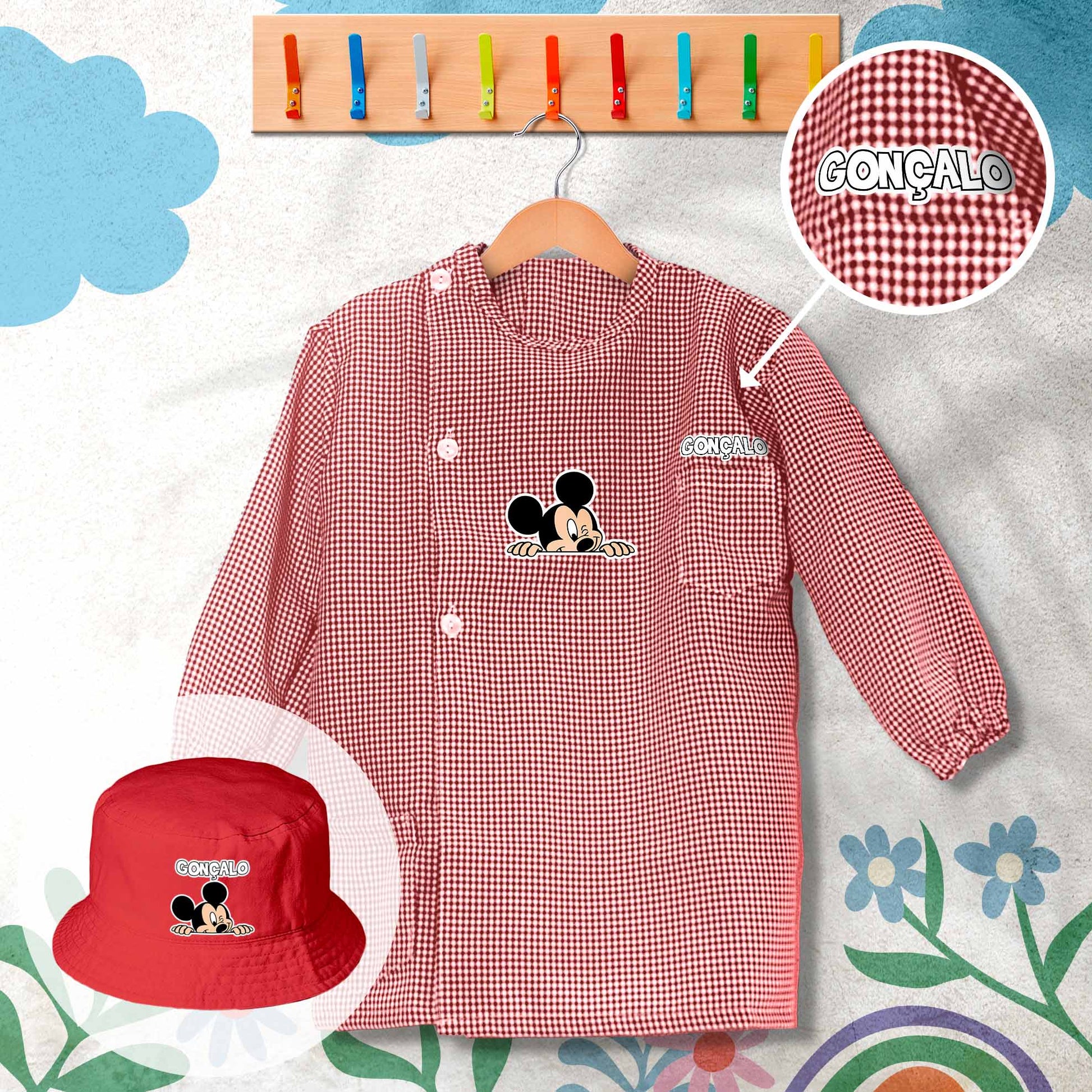 conjunto de bata escolar e panamá personalizado com nome tema mickey