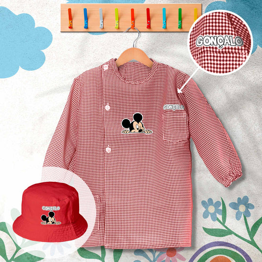 conjunto de bata escolar e panamá personalizado com nome tema mickey