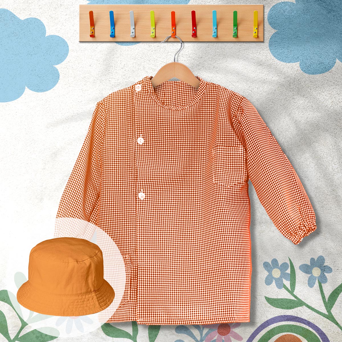conjunto de bata escolar e panamá cor laranja