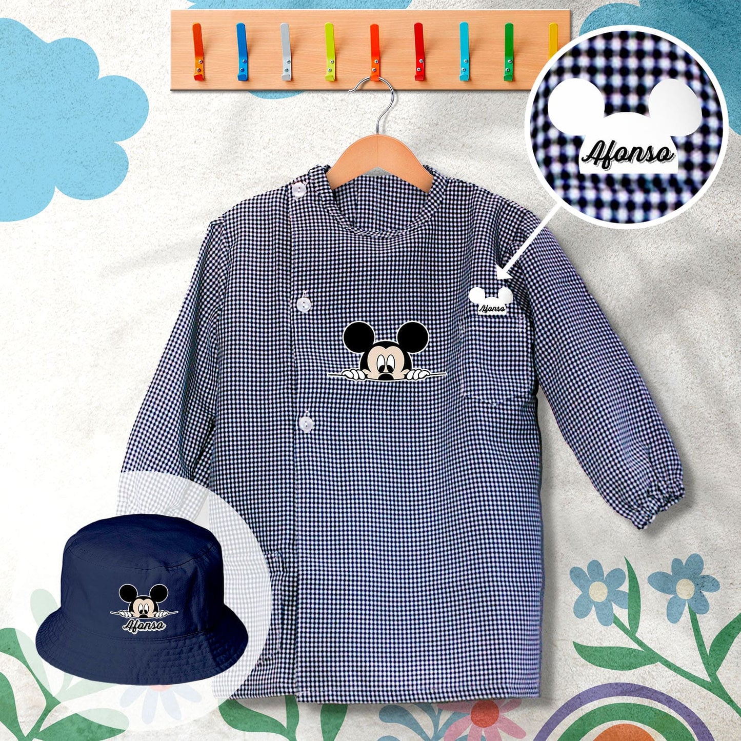 conjunto de bata escolar e panamá personalizado com nome tema mickey