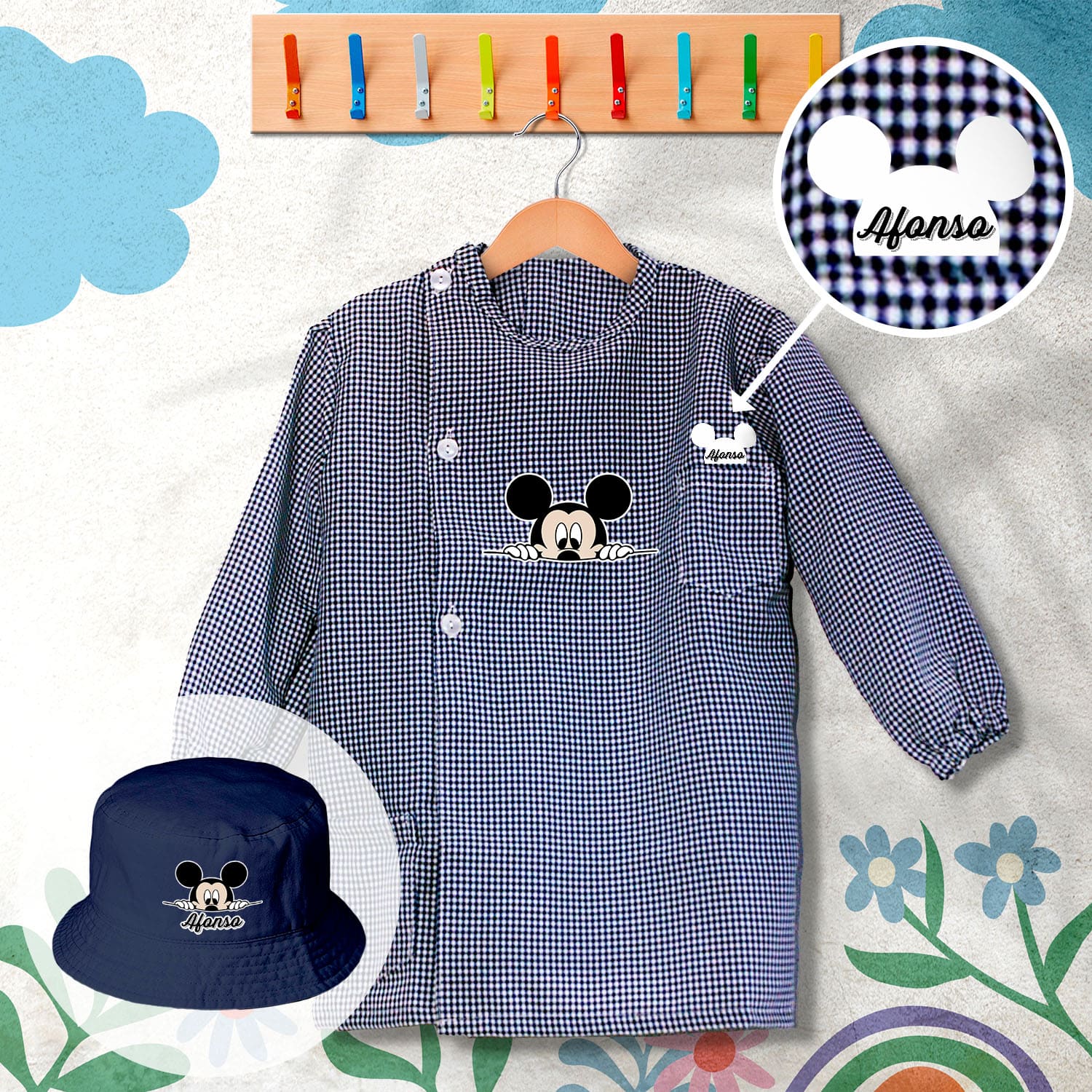 conjunto de bata escolar e panamá personalizado com nome tema mickey