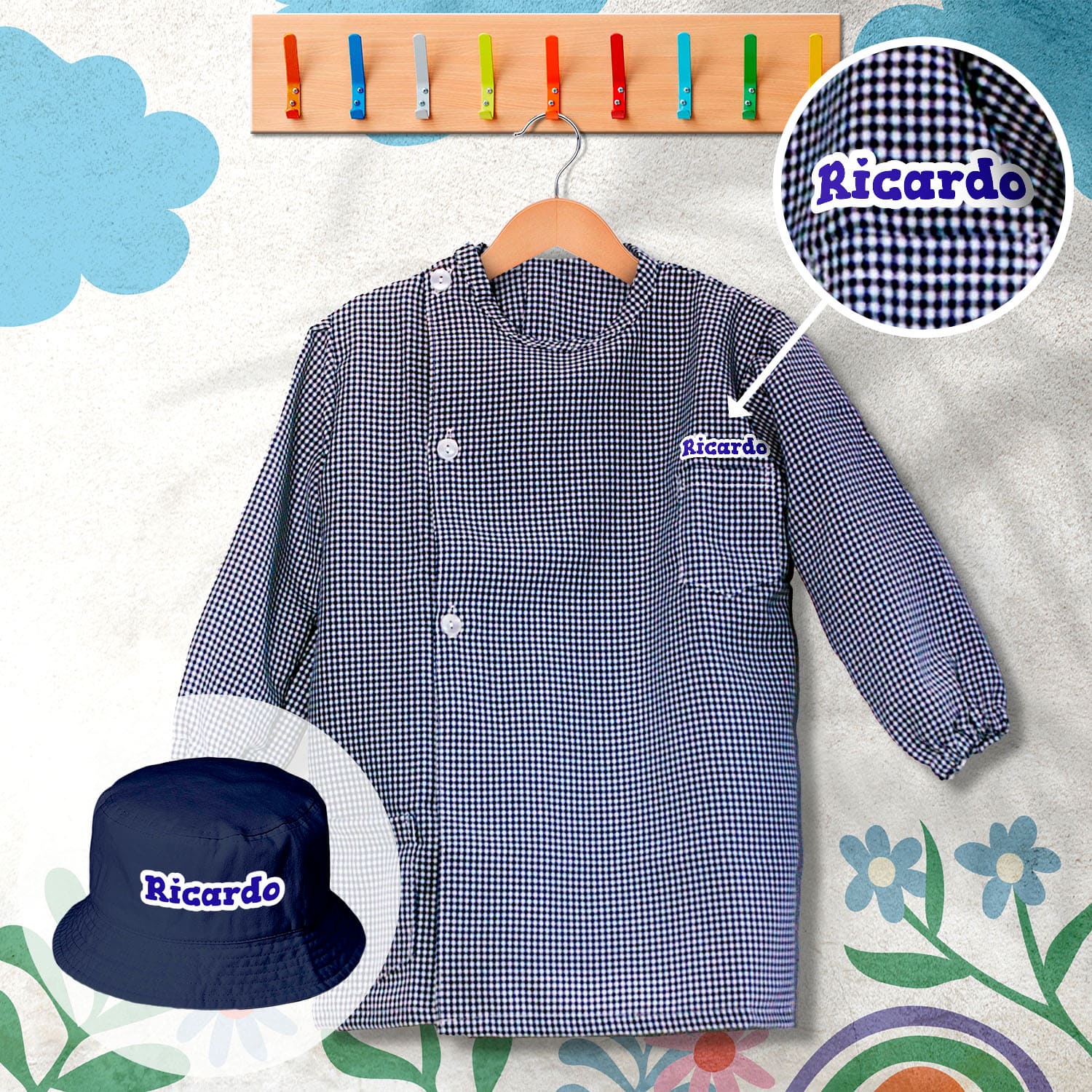 conjunto de bata escolar e panamá personalizado com nome