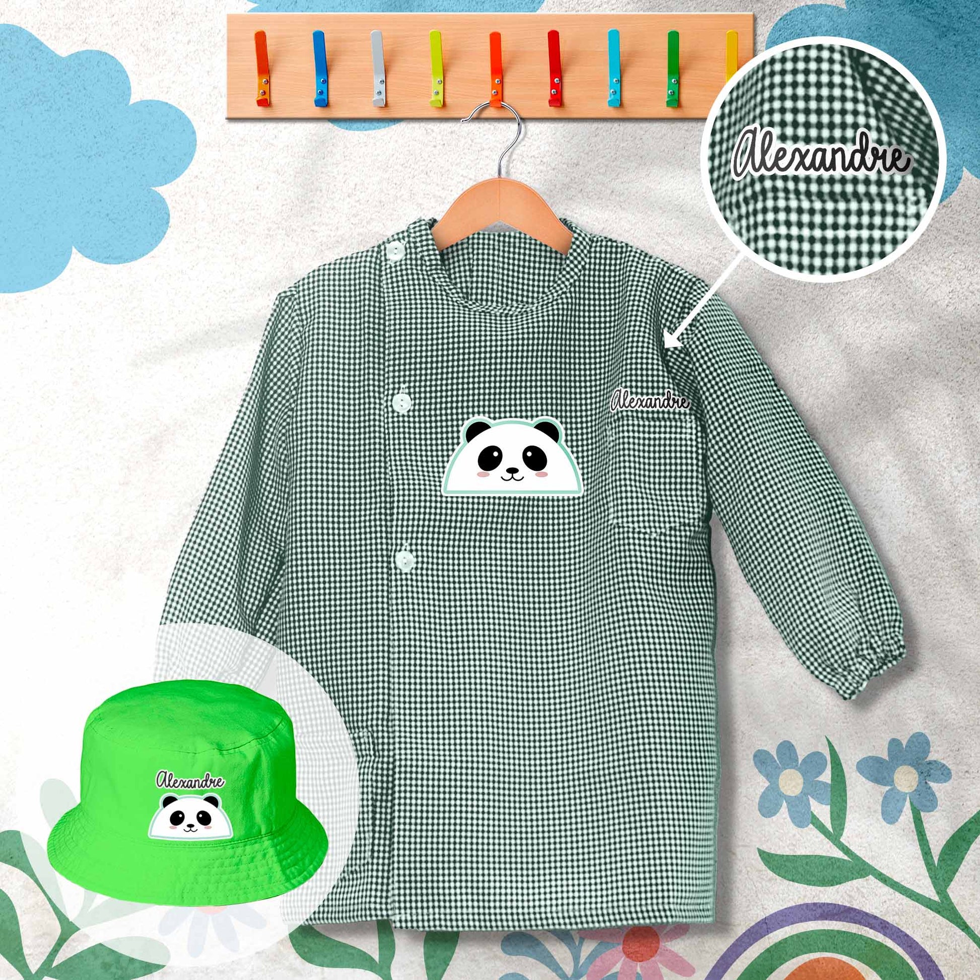 conjunto de bata escolar e panamá personalizado com nome tema panda