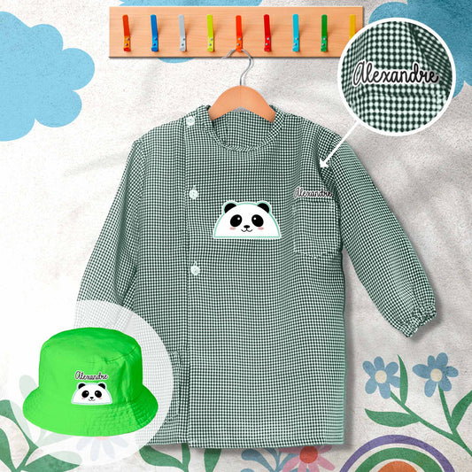 conjunto de bata escolar e panamá personalizado com nome tema panda