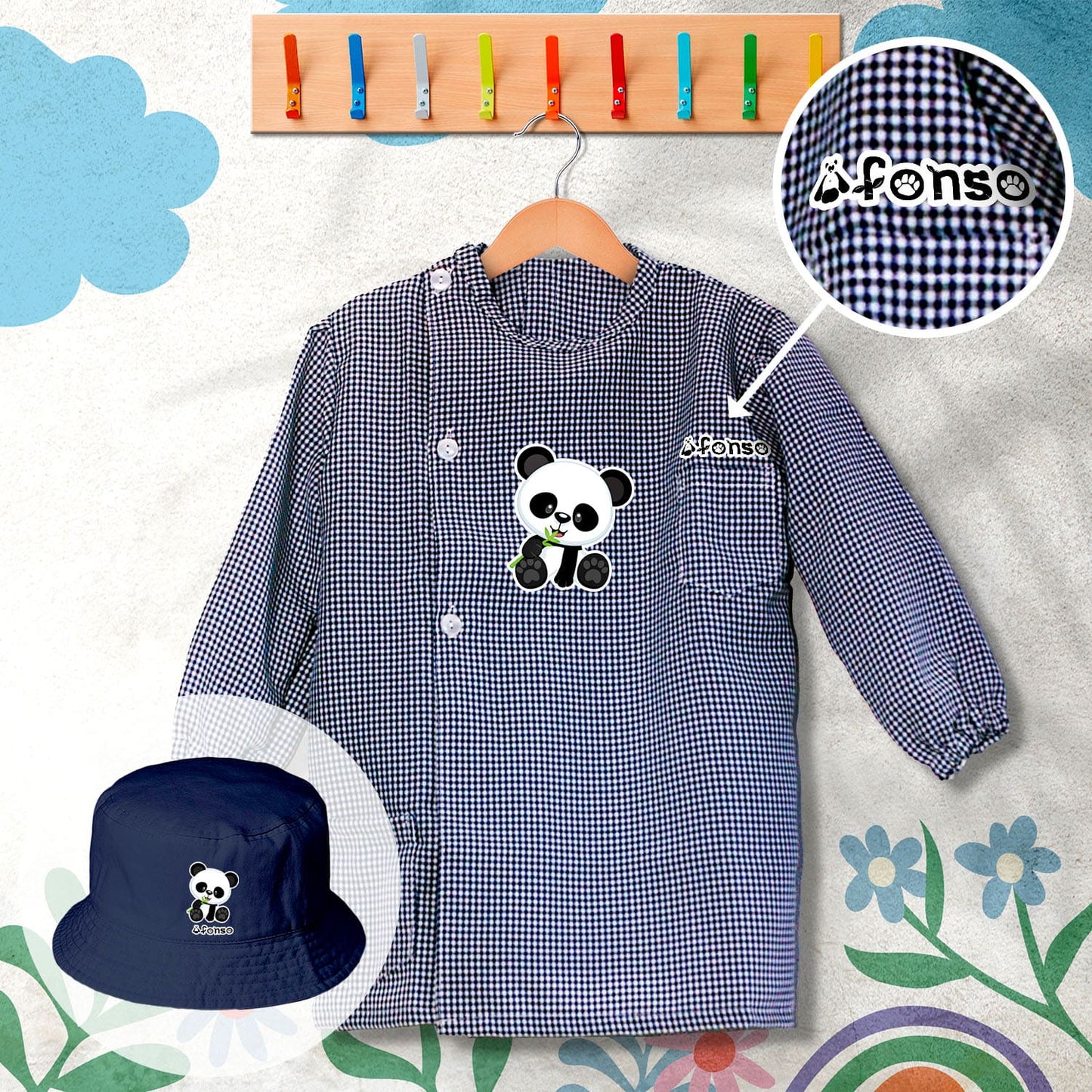 conjunto de bata escolar e panamá personalizado com nome tema panda