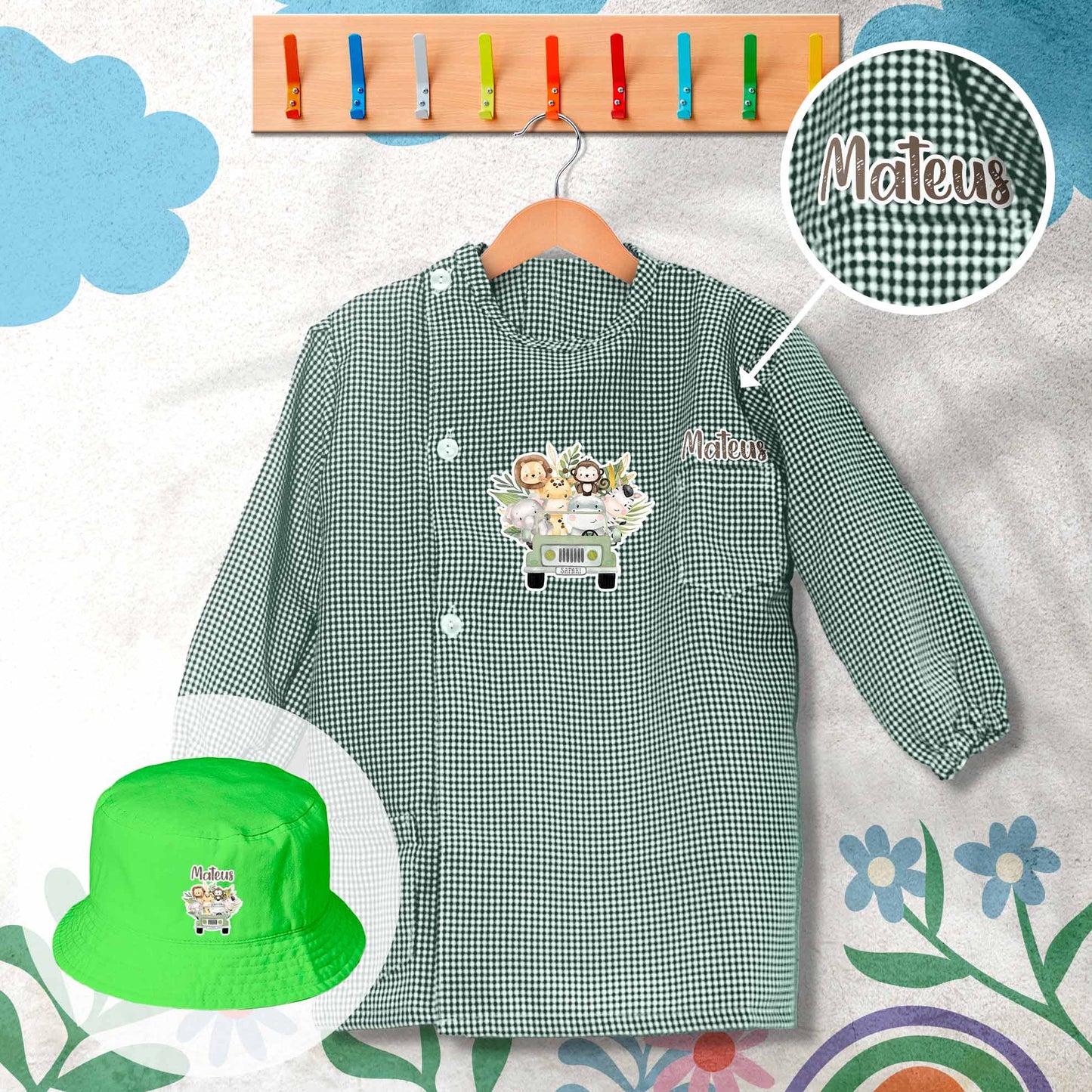 conjunto de bata escolar e panamá personalizado com nome tema animais de safari