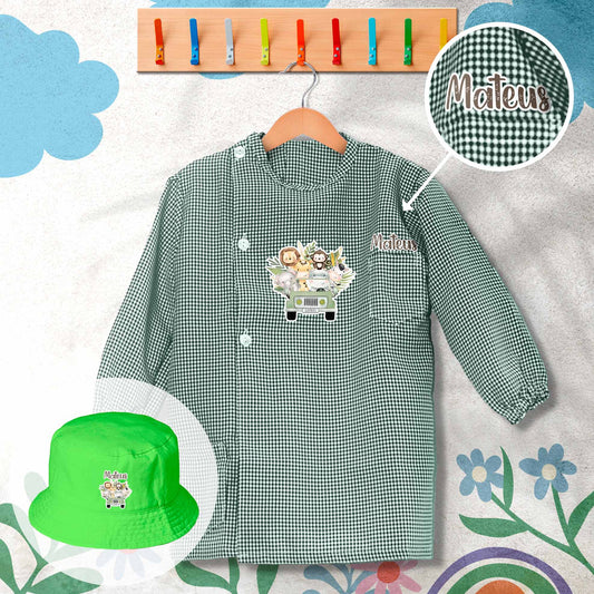 conjunto de bata escolar e panamá personalizado com nome tema animais de safari