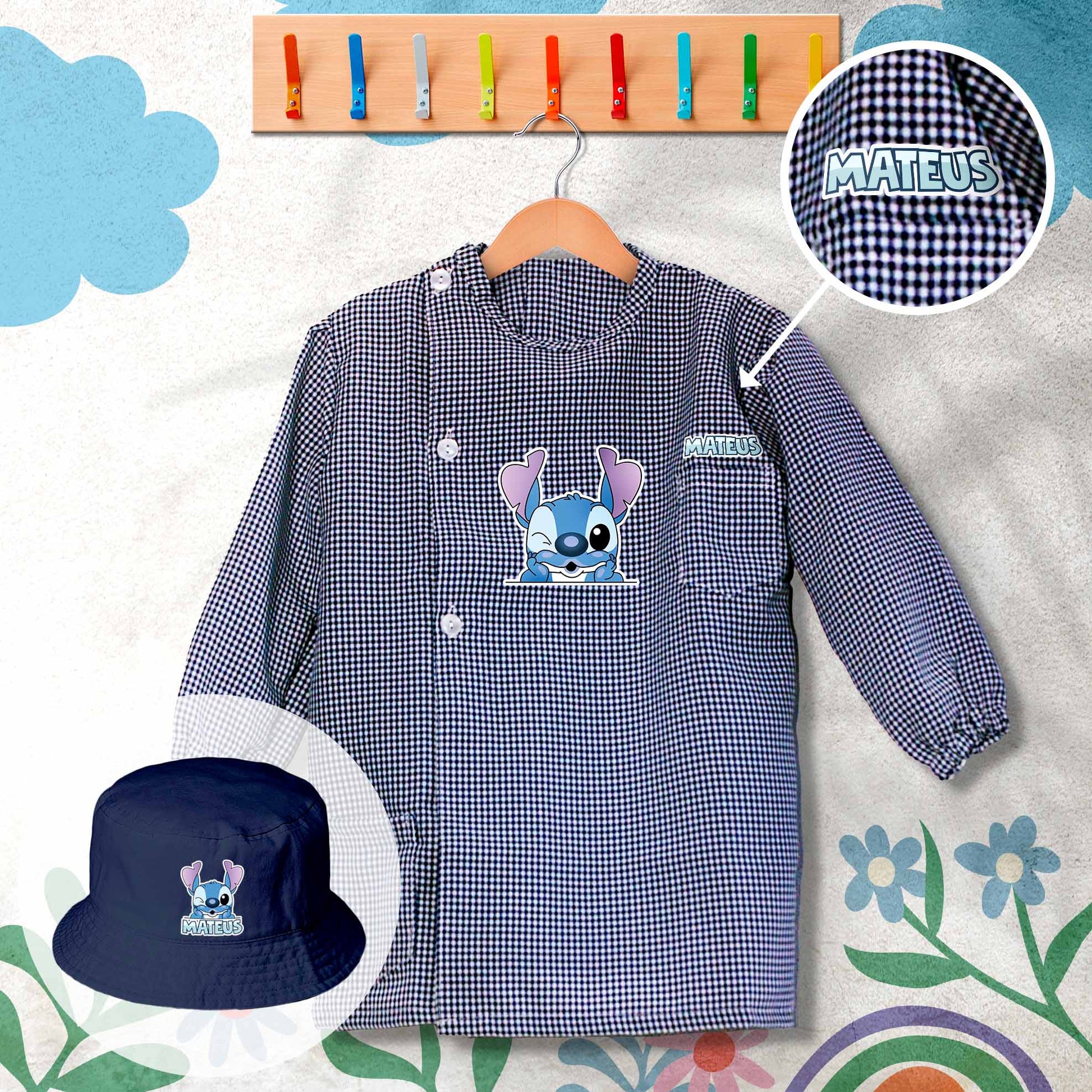 conjunto de bata escolar e panamá personalizado com nome tema stitch