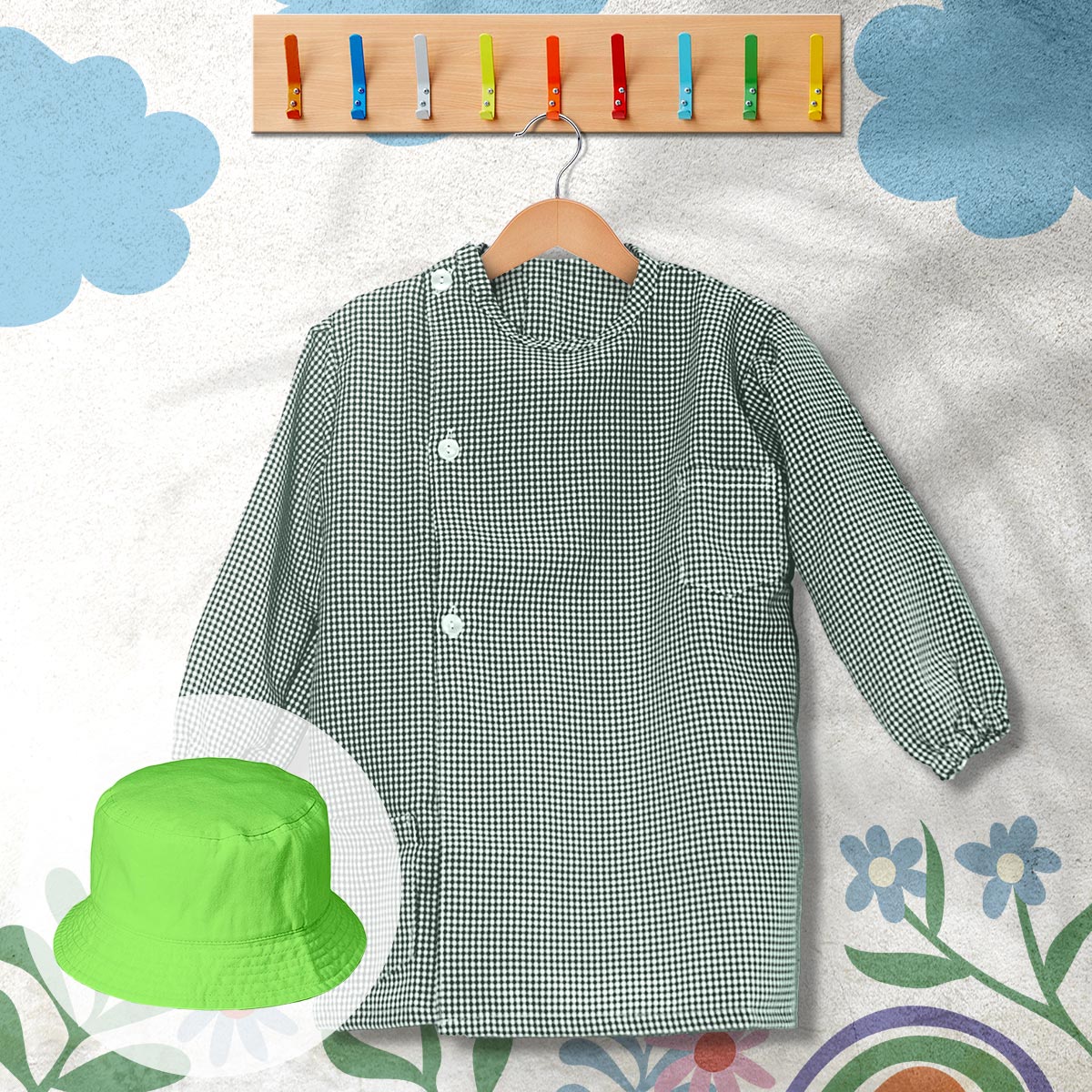conjunto de bata escolar e panamá cor verde