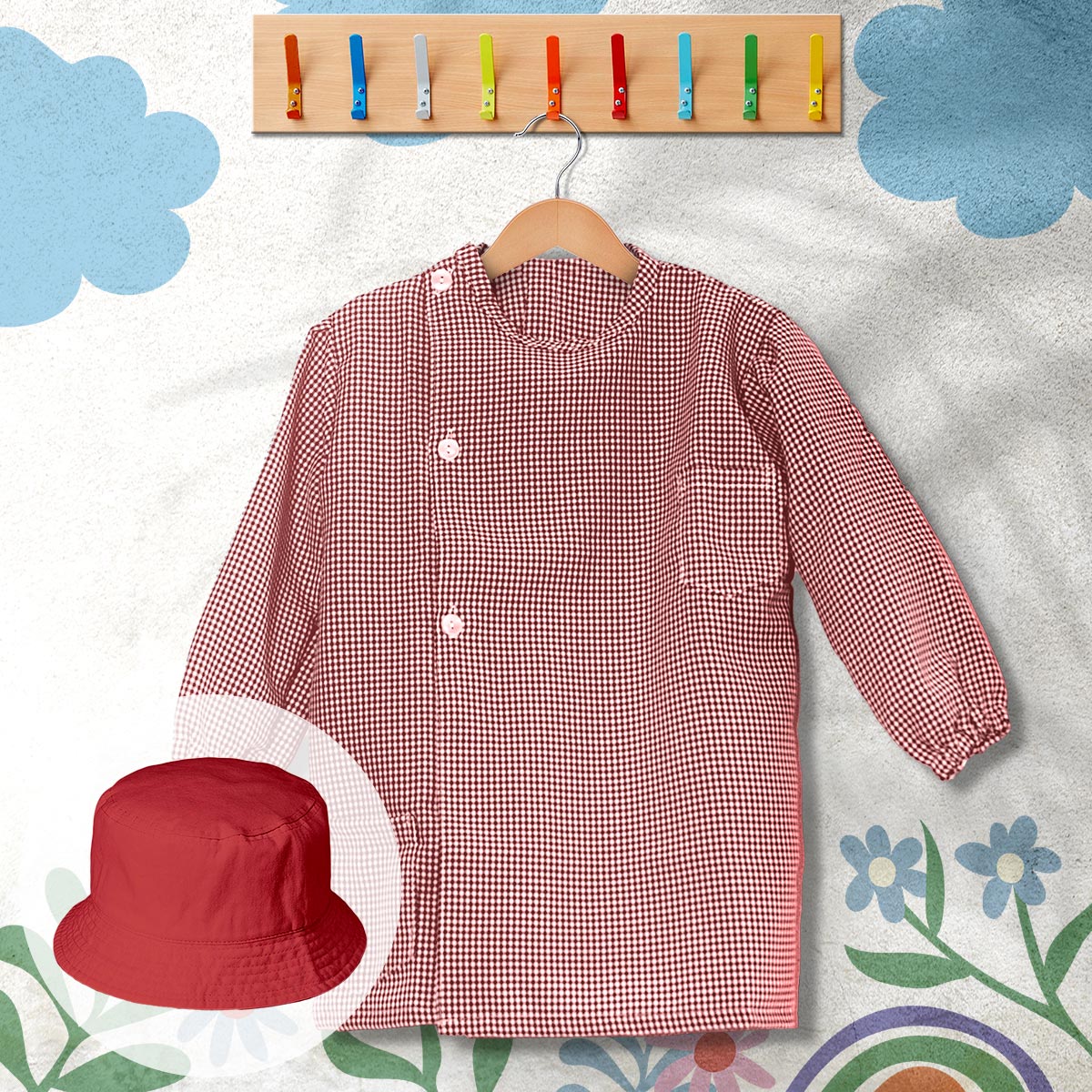 conjunto de bata escolar e panamá cor vermelho