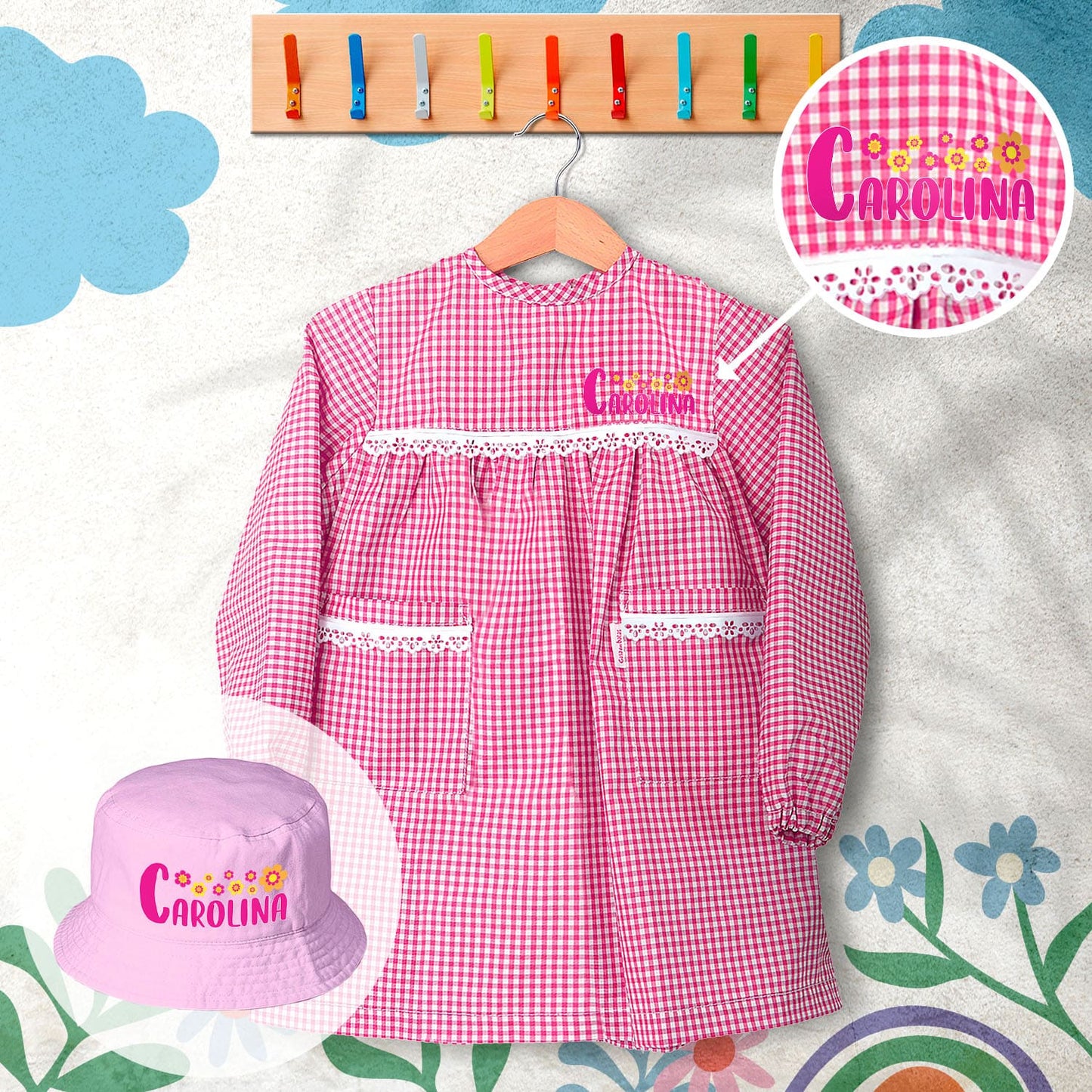 conjunto de bata escolar e panamá personalizado com nome tema flores