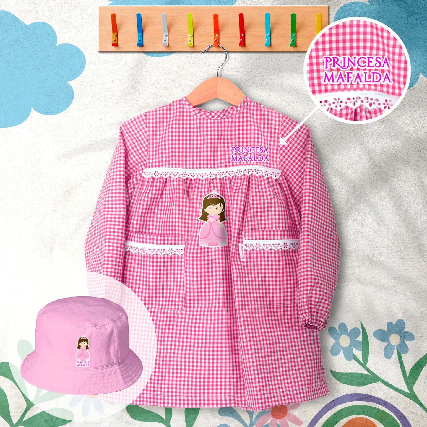 conjunto de bata escolar e panamá personalizado com nome tema princesa