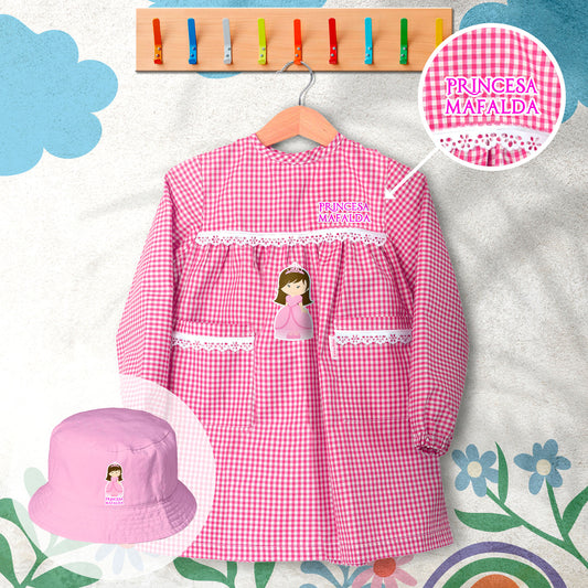 conjunto de bata escolar e panamá personalizado com nome tema princesa