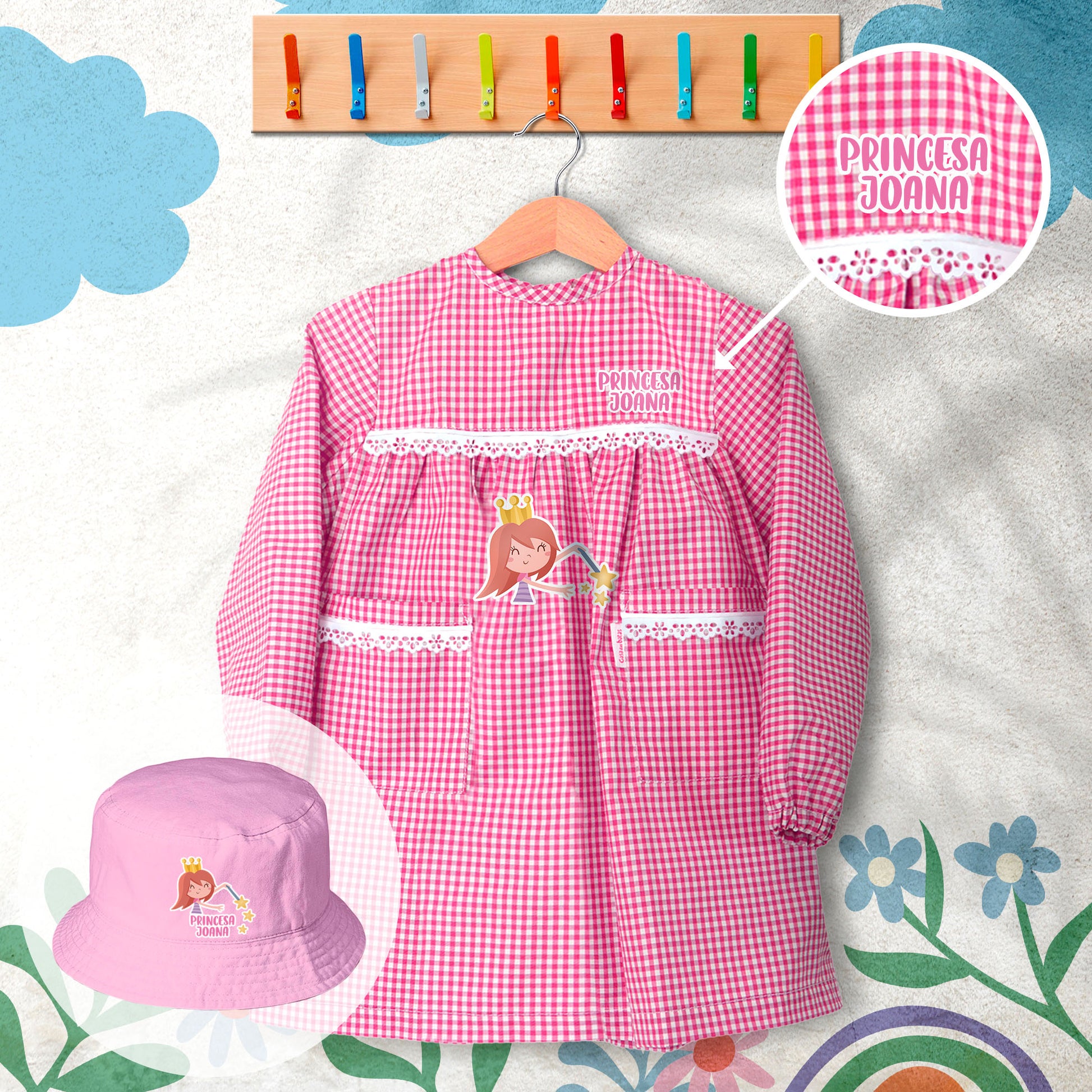 conjunto de bata escolar e panamá personalizado com nome tema princesa