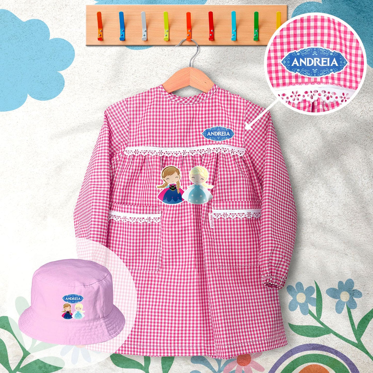 conjunto de bata escolar e panamá personalizado com nome tema princesas