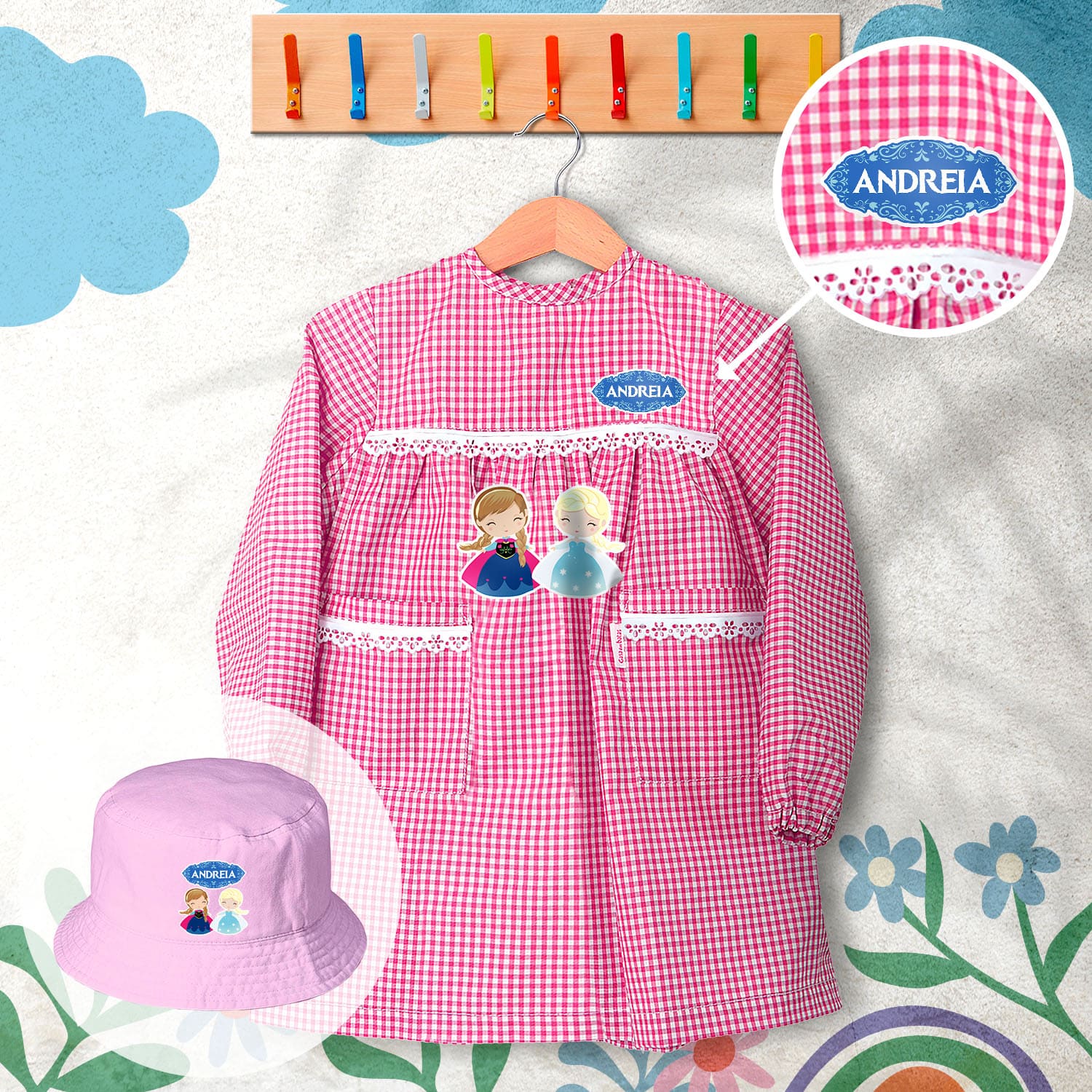 conjunto de bata escolar e panamá personalizado com nome tema princesas