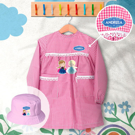 conjunto de bata escolar e panamá personalizado com nome tema princesas