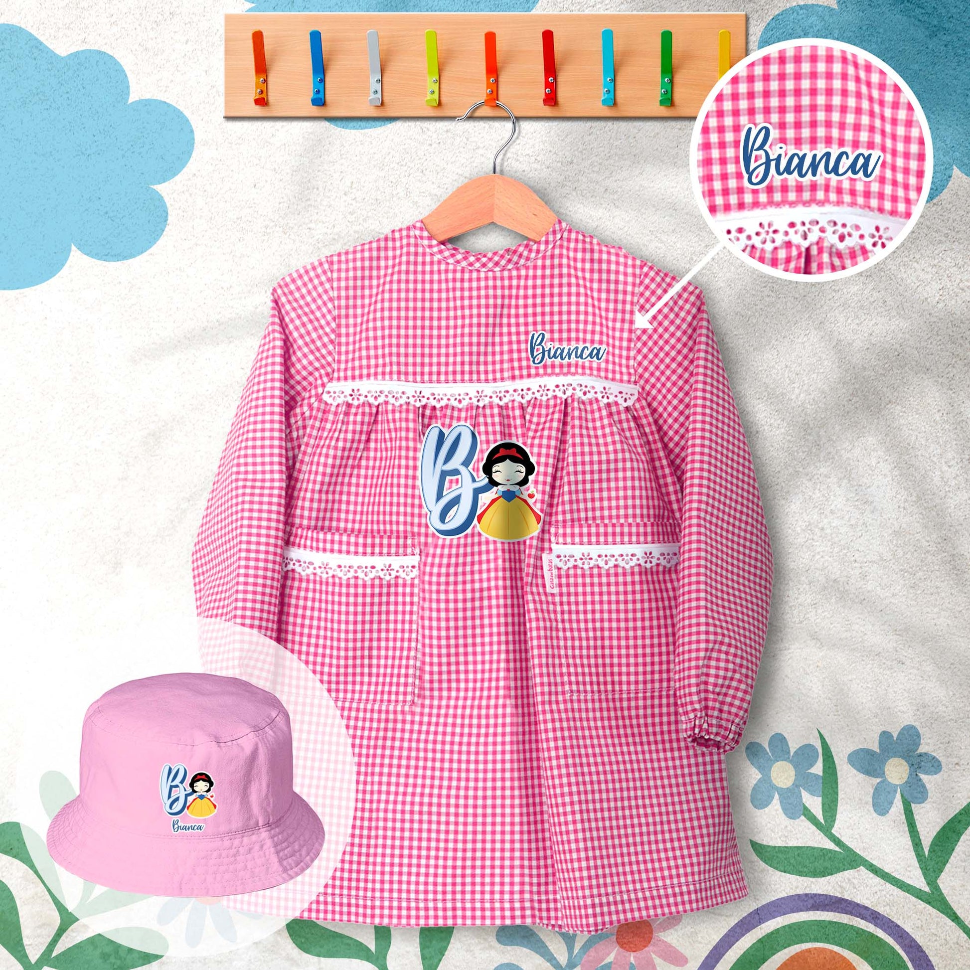 conjunto de bata escolar e panamá personalizado com nome tema princesas