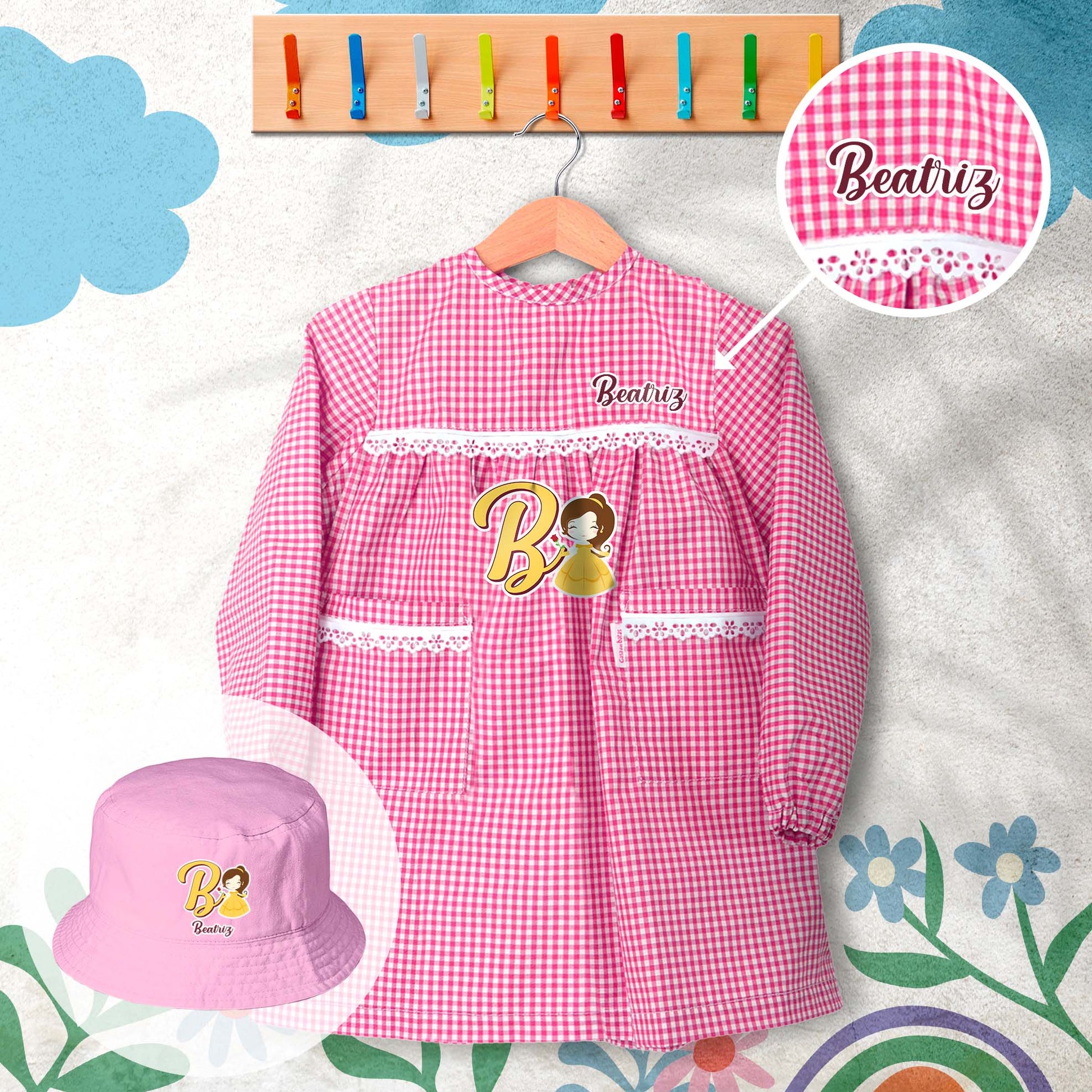 conjunto de bata escolar e panamá personalizado com nome tema princesas