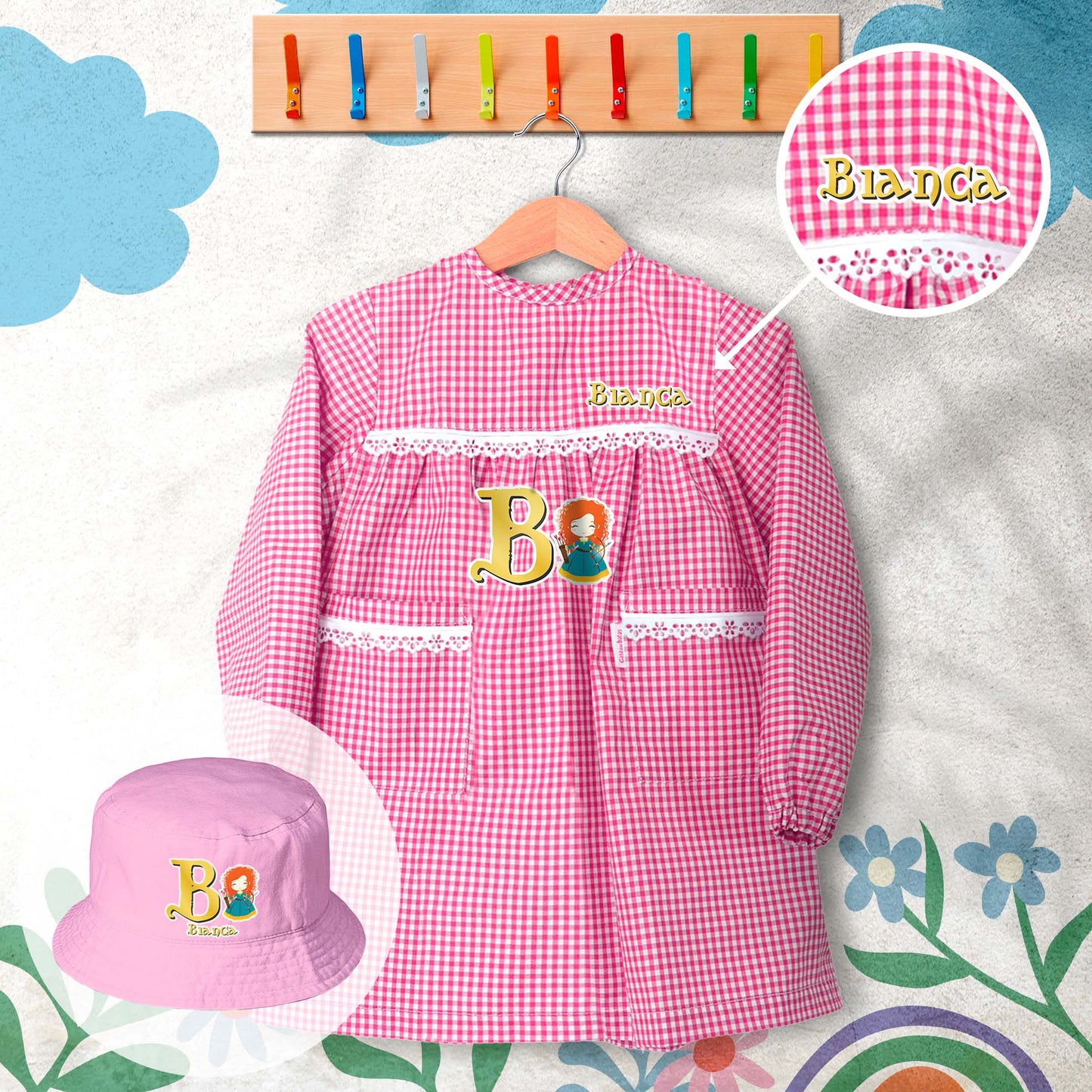 conjunto de bata escolar e panamá personalizado com nome tema princesas