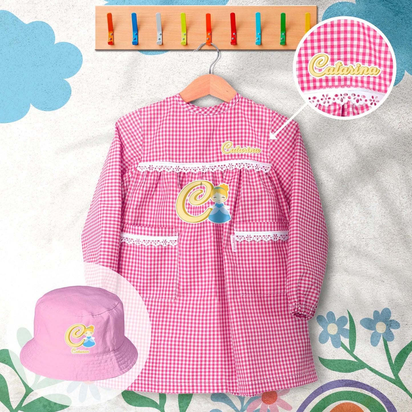 conjunto de bata escolar e panamá personalizado com nome tema princesas