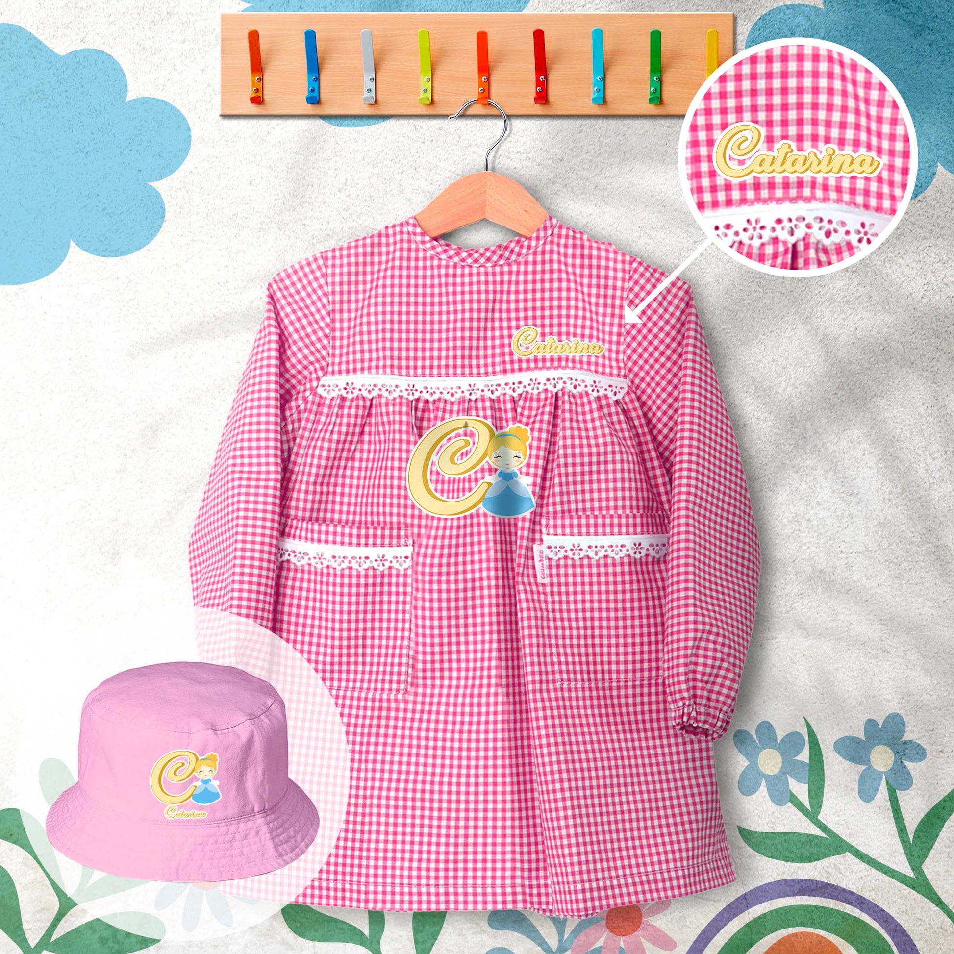 conjunto de bata escolar e panamá personalizado com nome tema princesas