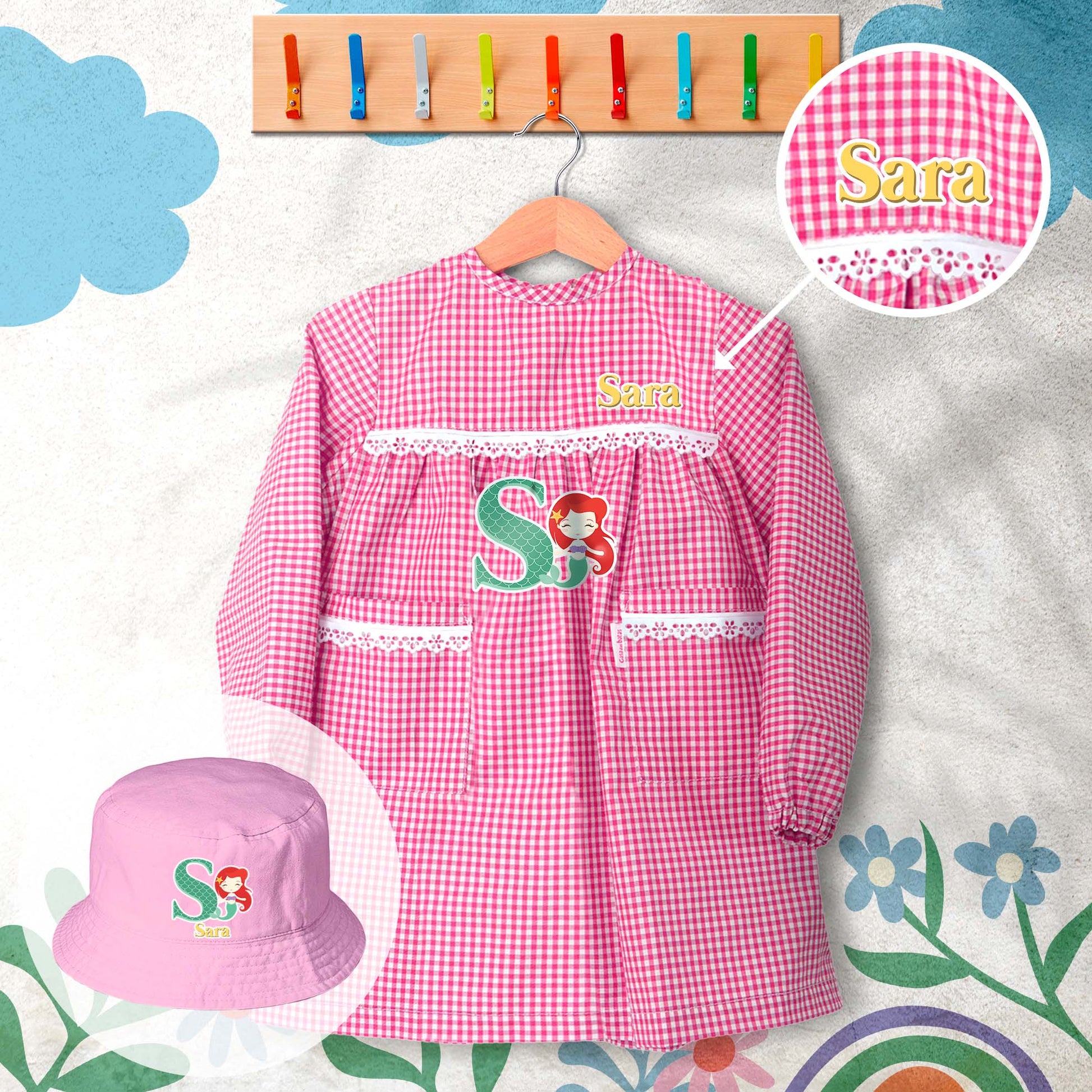 conjunto de bata escolar e panamá personalizado com nome tema princesas