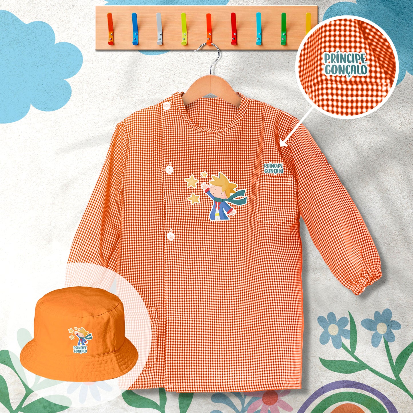 conjunto de bata escolar e panamá personalizado com nome tema príncipe