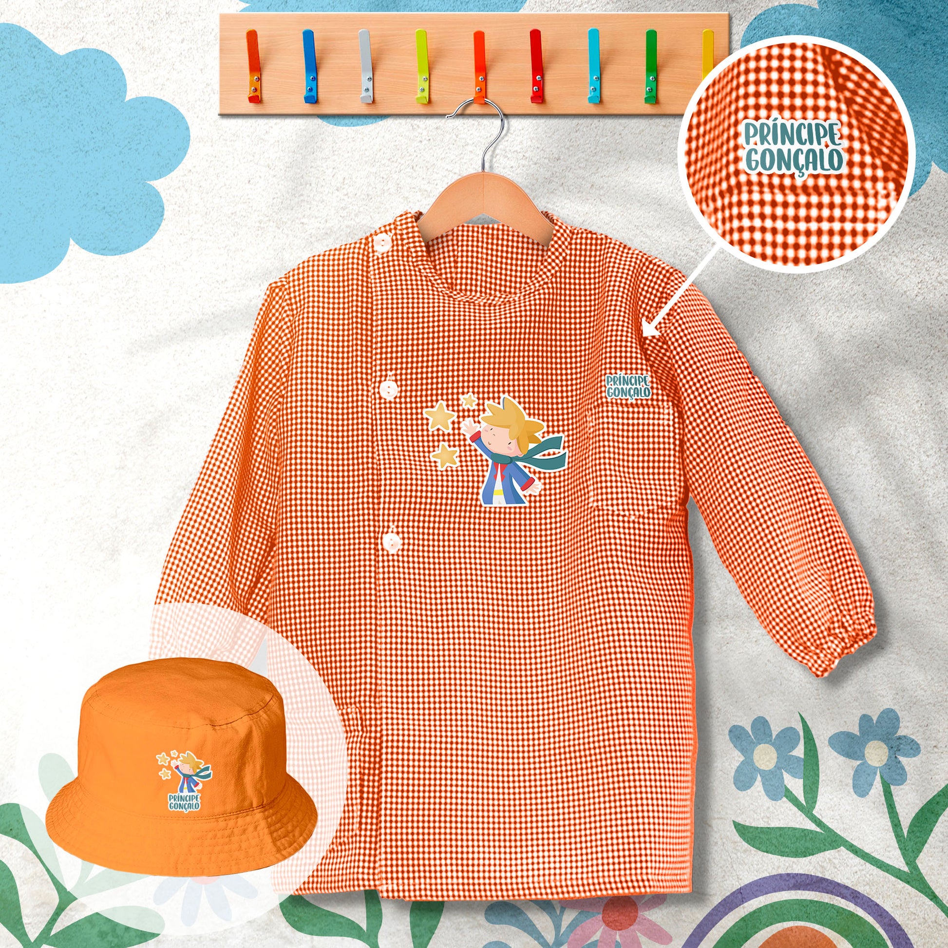 conjunto de bata escolar e panamá personalizado com nome tema príncipe